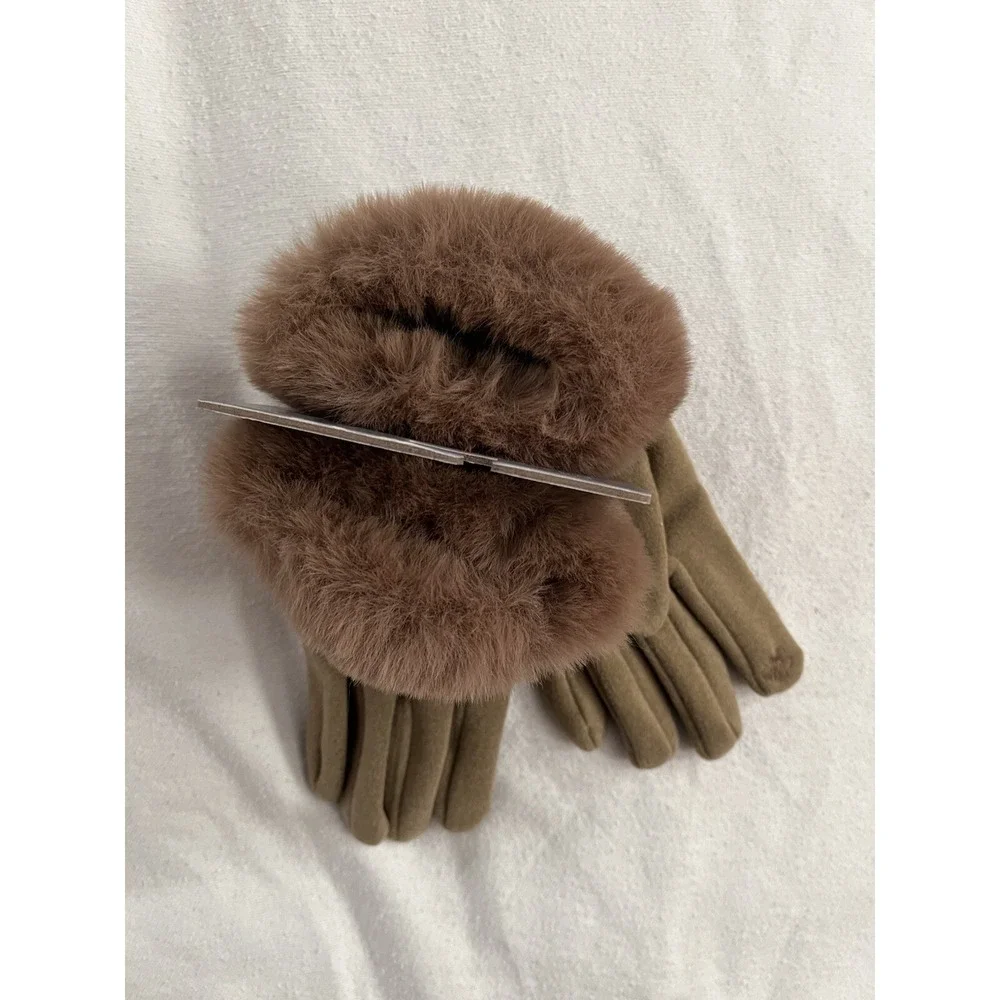 NEW London Fog Faux Fur Gloves Women's OS Touch Screen Compatible Taupe / Tan